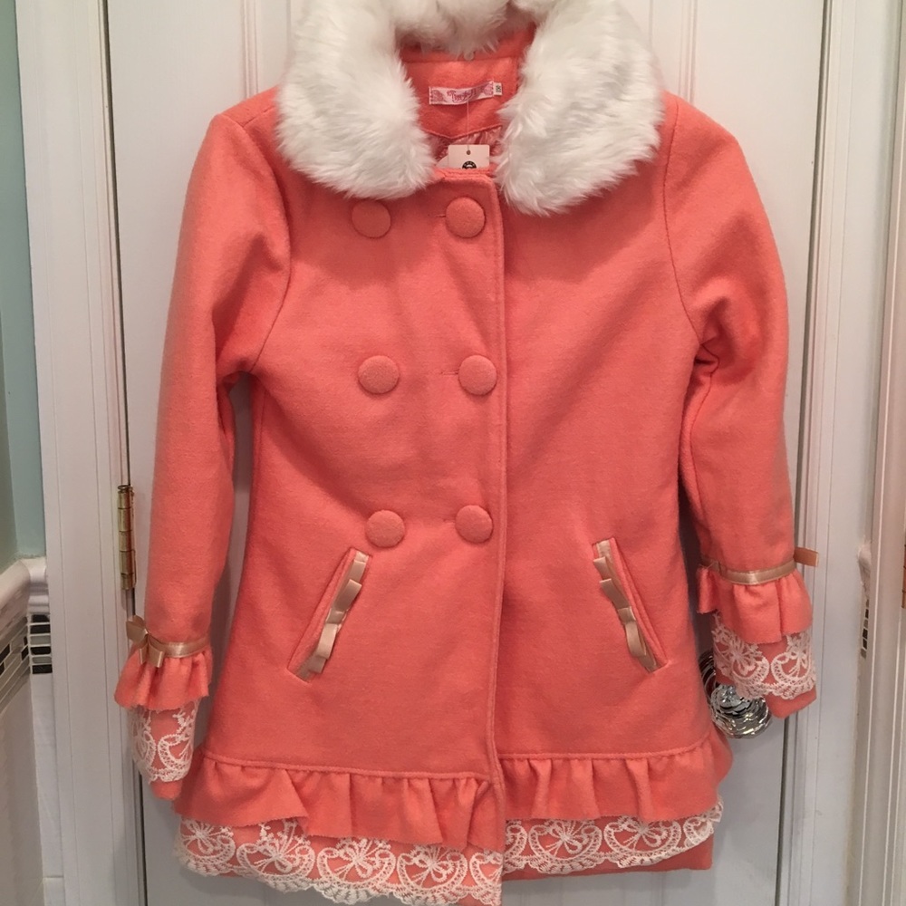 NWT Girls peach & lace coat